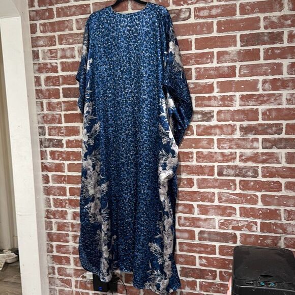 Patricia Leigh Vintage Womens Blue Leopard Print Floral Satin Kaftan OSFM EUC - Picture 2 of 5